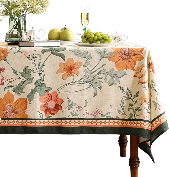 French Small Tablecloth for Rectangle Table, Linen Orange Floral Wrinkle by bilingaier