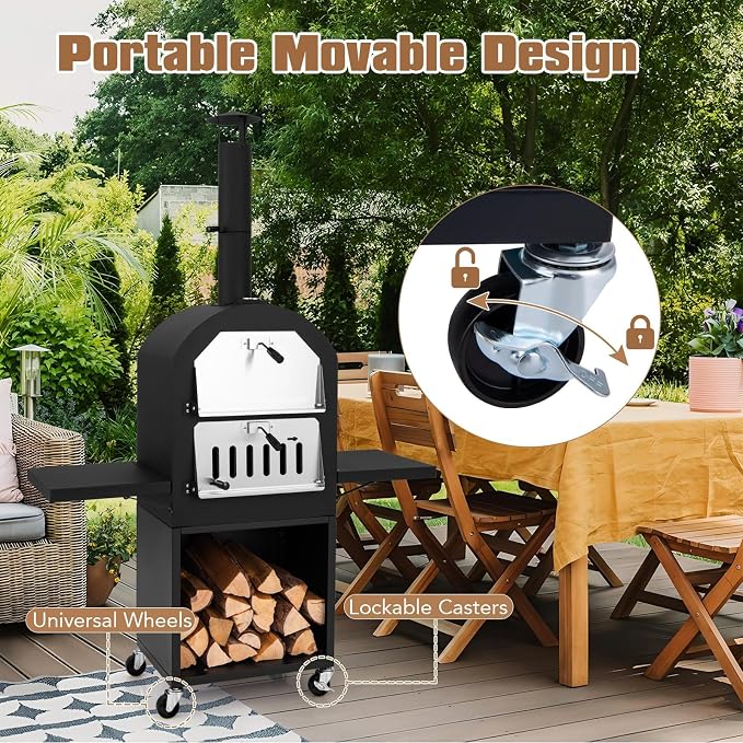 HAPPYGRILL Outdoor Wood Fired Pizza Oven w/Firewood Storage, Side Shelves - Image 5