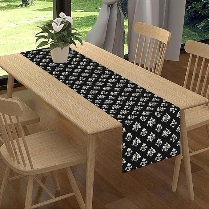 Damask Table Runner, Antique Gothic Black Floral Boho Flower Pattern Rustic - Image 2