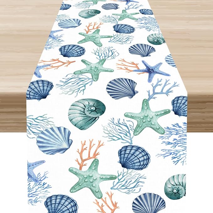 Nautical Table Runner, Summer Sea Coastal Starfish Seashells Coral Tropical by Unknown