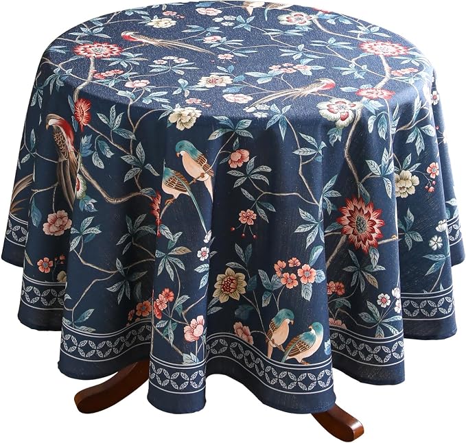 patdrea Designer Dark Blue Linen Round Tablecloth, Vintage Navy French Floral by Welcometopatdrea