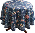 patdrea Designer Dark Blue Linen Round Tablecloth, Vintage Navy French Floral by Welcometopatdrea