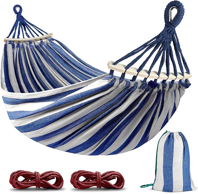 Hammock for Camping, 320G Canvas, 550 lb Capacity, Blue and White