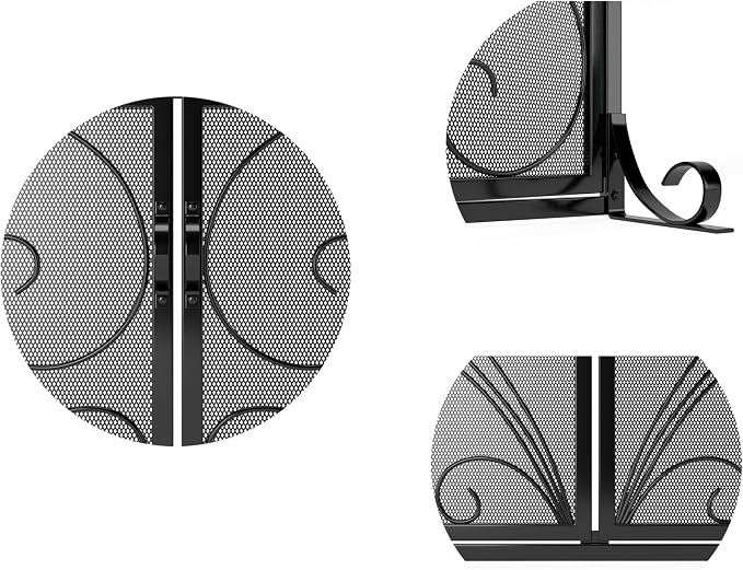 Flat Fireplace Screen with Doors, Solid Wrought Iron Frame with Metal Mesh - Image 4