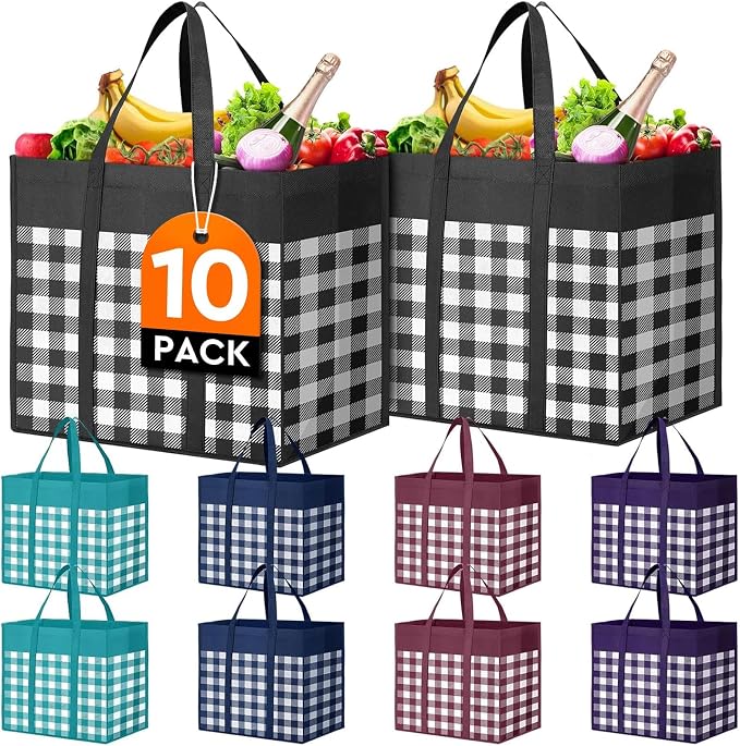 WISELIFE Reusable Grocery Shopping Bags 10 Pack Large Foldable Tote Bags Bulk by WiseLife