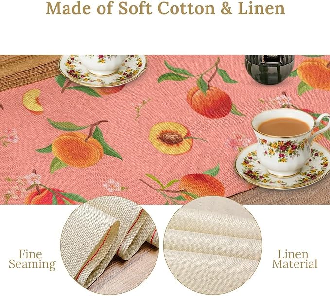 Pink Cute Peach Table Runner, Colorful Summer Fruit Floral Table Runner - Image 3