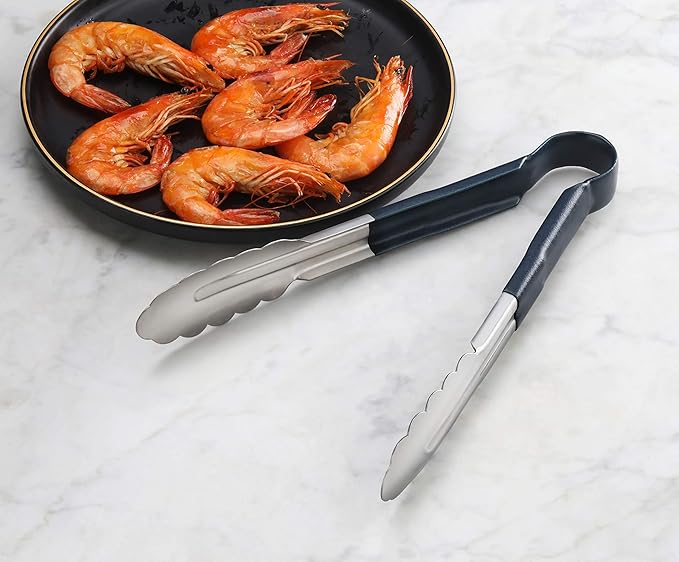 Tongs, 9-Inch Stainless Steel Serving Tongs with Blue Vinyl Handles