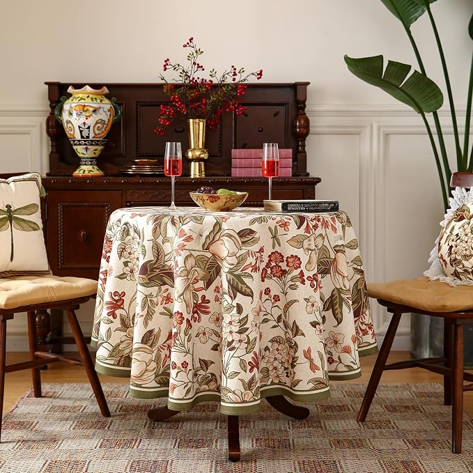 ISAENNE Designer Bohemian Linen Round Table Cloth, Colorful Floral Pattern - Image 2