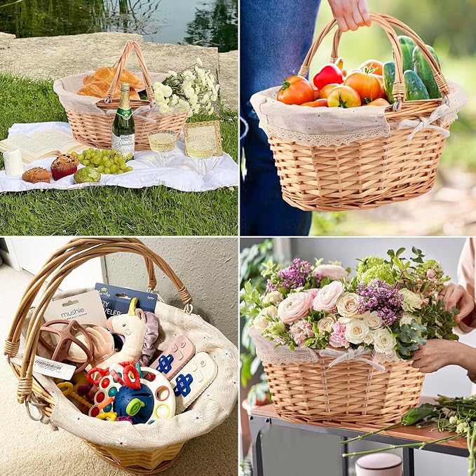 Natural Wicker Basket with Linen Lining, 14 Inch Large Wicker Woven Picnic - Image 7