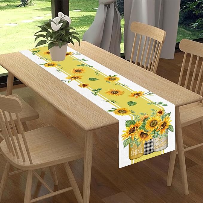Sunflower Table Runner, Watercolor Yellow Floral Vase Spring Sunshine Summer - Image 2
