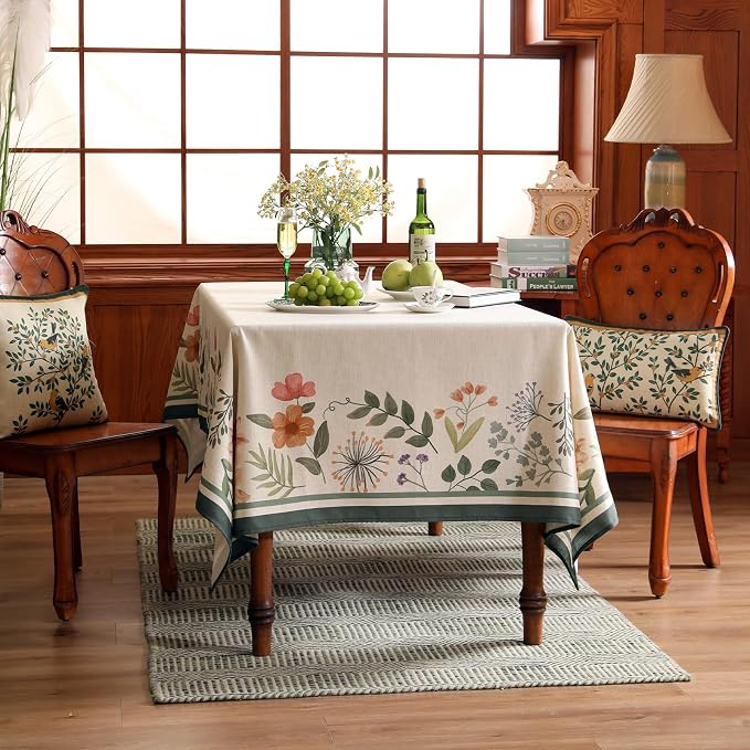 Beige Linen Small Rectangle Tablecloth, Vintage French Shabby Chic Floral - Image 8