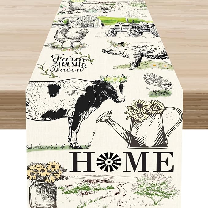 Farmhouse Cow Table Runner, Rustic Rooster Chicken Pig Floral Leaves Animals by Unknown