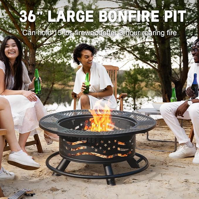 36 Inch Fire Pit with 2 Cooking Grates, Outdoor Wood Burning BBQ Grill Firepit - Image 3