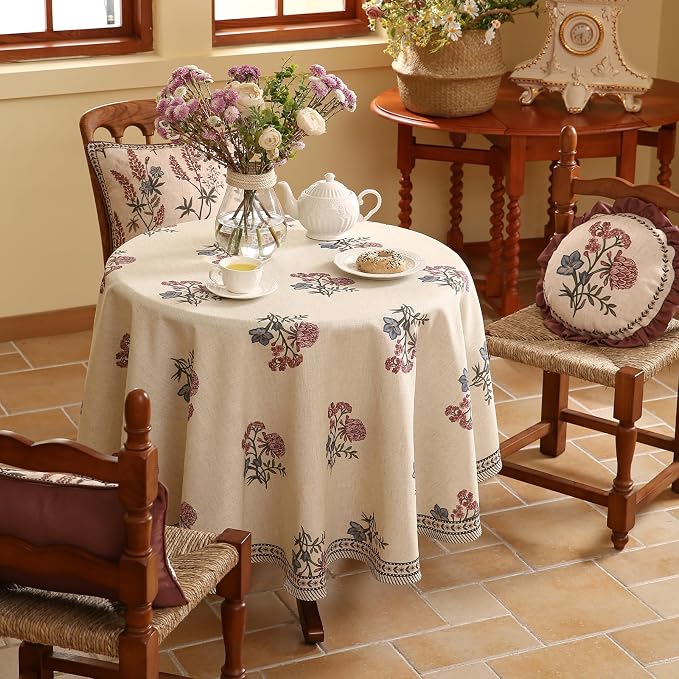 ISAENNE Designer Linen Light Beige Small Round Tablecloth, French Colorful - Image 5