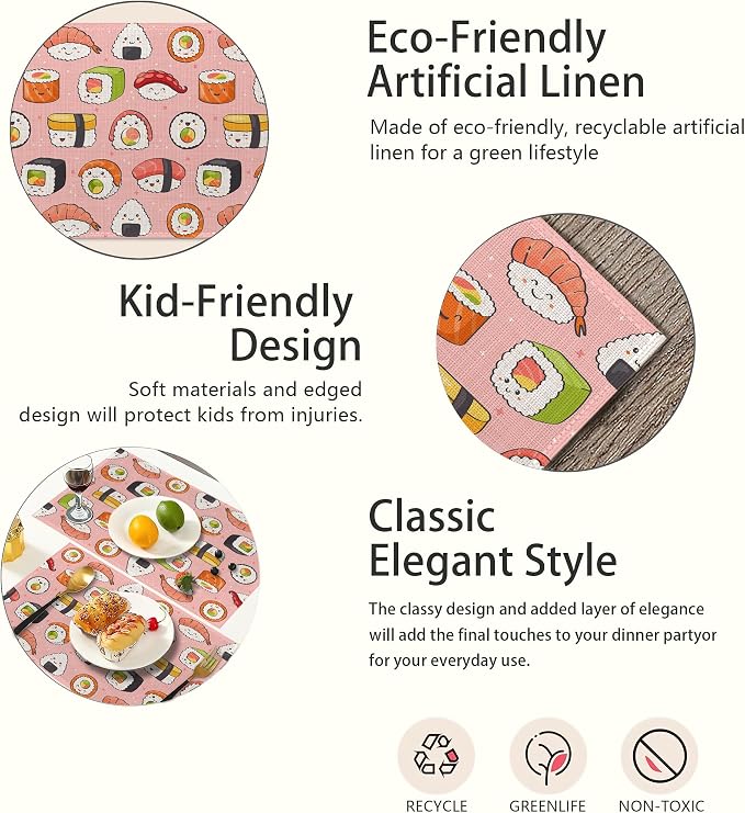 Japanese Style Cute Pink Sushi Rolls Placemats Set of 6, Waterproof Non-Slip - Image 3