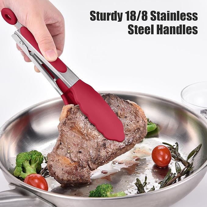Tongs, 10.51-Inch Stainless Steel with 600°F Silicone Tips, Red