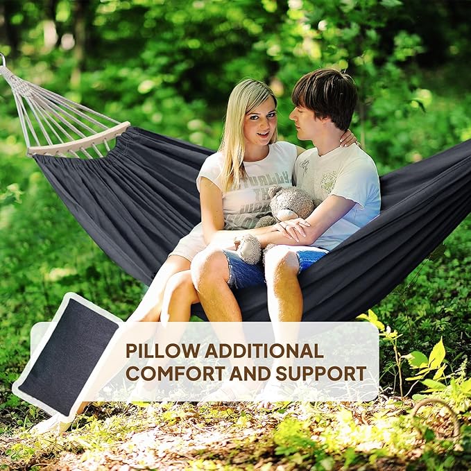 Hammock in Dark Grey Cotton with Spreader Bars, 106 x 59 Inch