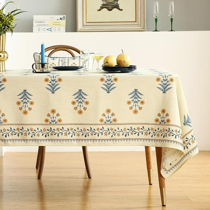 ISAENNE Designer French Pale Yellow Long Tablecloth Rectangle, Linen Floral - Image 2