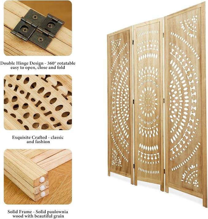Room Divider Wood Carved Wall Divider Indoor Folding Bohemian Style Portable - Image 3