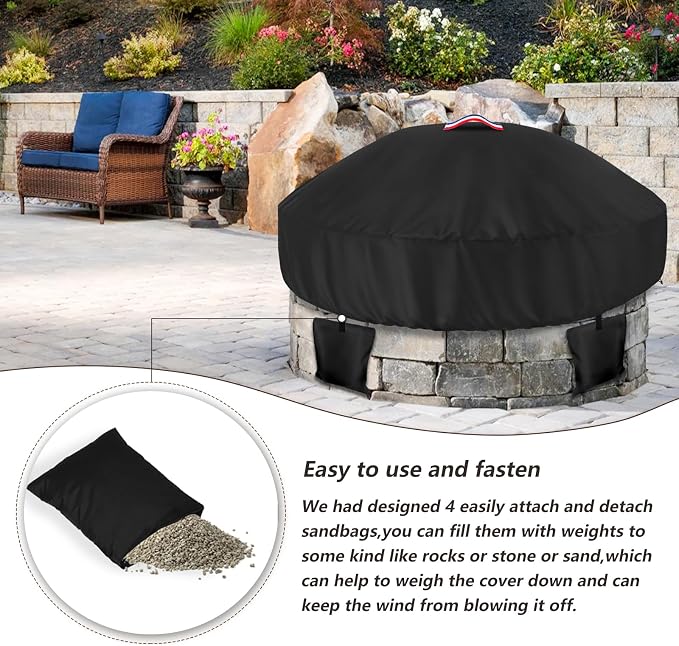 Outdoor Round Built in Stone Fire Pit Cover, Heavy Duty 600D Waterproof Cover - Image 5