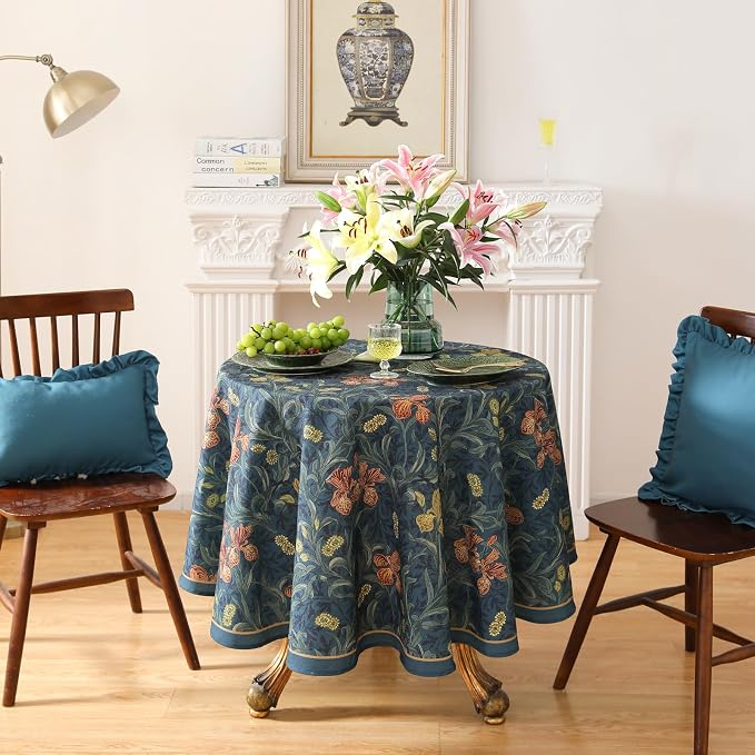 patdrea Designer Dark Blue Linen Round Tablecloth, Vintage French Rustic Floral - Image 2
