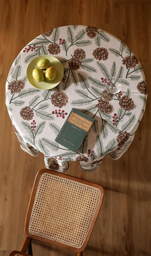 ISAENNE Designer Christmas Beige Linen Round Tablecloth, Pinecones Pattern - Image 7
