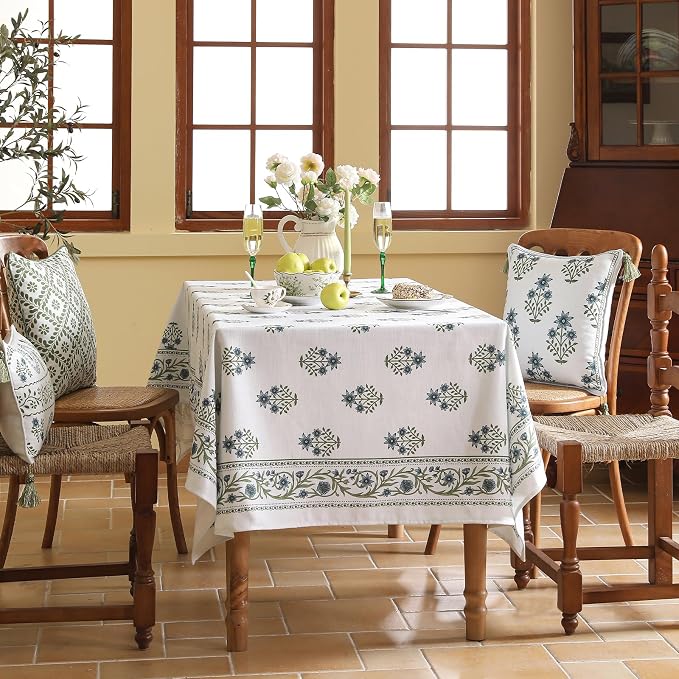 ISAENNE Designer White Linen Extra Long Tablecloth Rectangle, Chinoiserie - Image 9