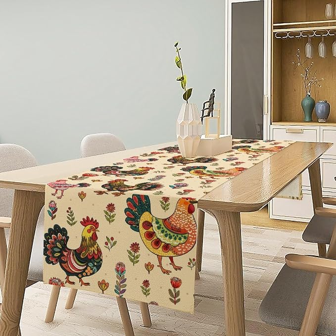 Rustic Farm Animal Table Runner, Vintage Rooster Boho Flowers Table Runner - Image 3