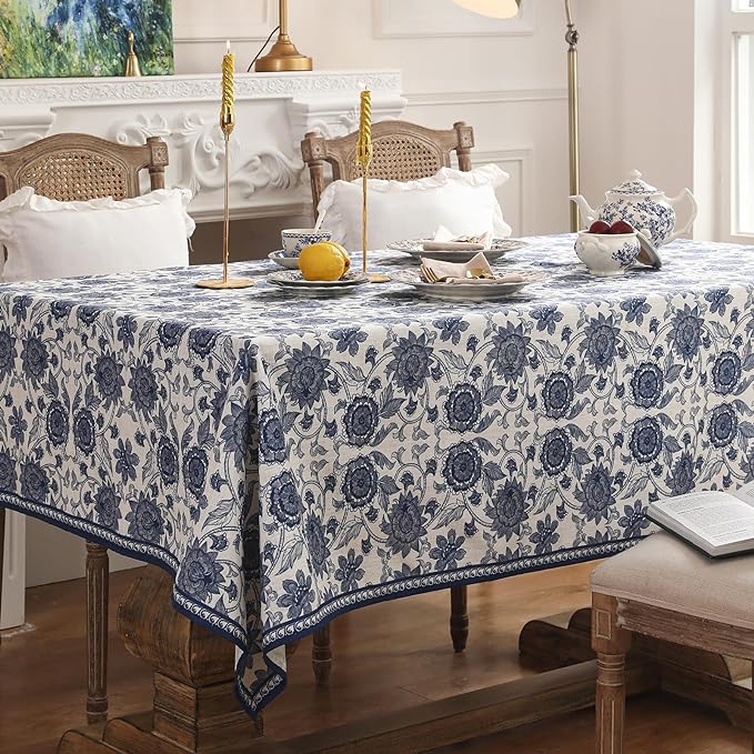 patdrea Designer Vintage Blue Rectangle Tablecloth, Linen Anti-Wrinkle Paisley - Image 4
