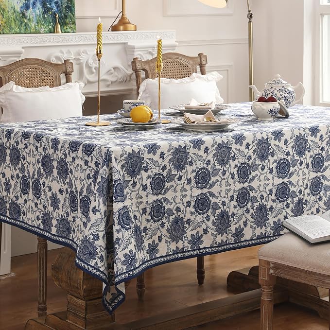 patdrea Designer Vintage Blue Rectangle Tablecloth, Linen Anti-Wrinkle Paisley - Image 3