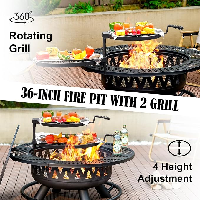 36 Inch Fire Pit with 2 Grills, Large Outdoor Firepits - Image 2
