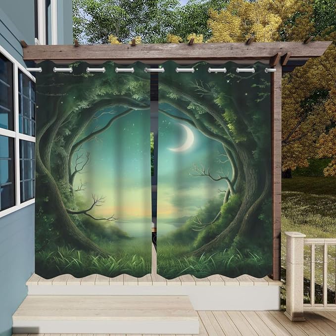 Forest Theme Outdoor Curtains for Patio Waterproof, Trees Moon Lake Pattern - Image 3