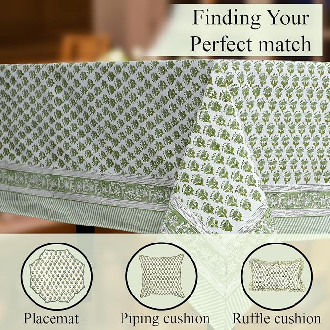 CPC Emerald Green Floral Hand Block Printed 100% Cotton Tablecloth 60x108 - Image 8