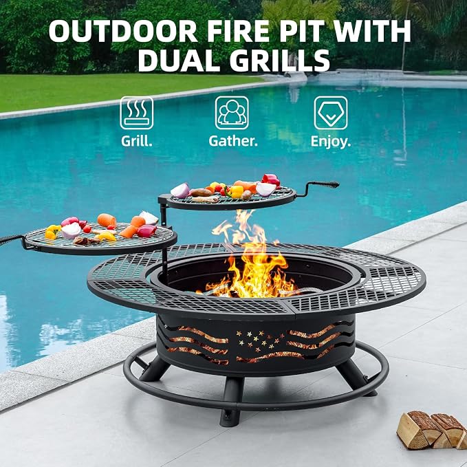 47 Inch Fire Pit with 2 Cooking Grates, Outdoor Wood Burning BBQ Grill Firepit - Image 2