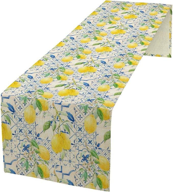 Lemon Table Runner, Summer Fruit Vintage Morocco Blue Tiles Table Runners by Unknown