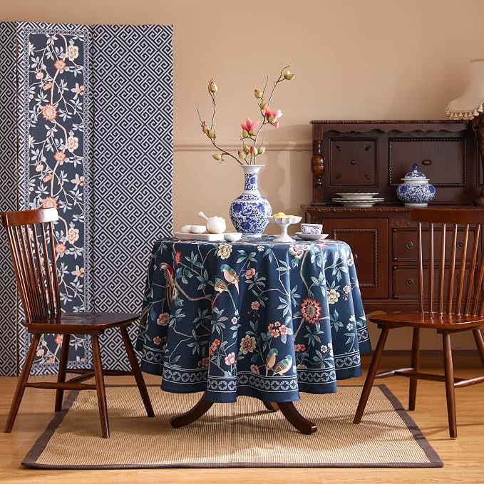 patdrea Designer Dark Blue Linen Round Tablecloth, Vintage Navy French Floral - Image 2