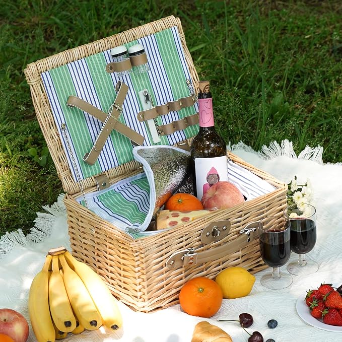 Wicker Picnic Basket for 2 Person, Willow Hamper Basket Sets - Image 3