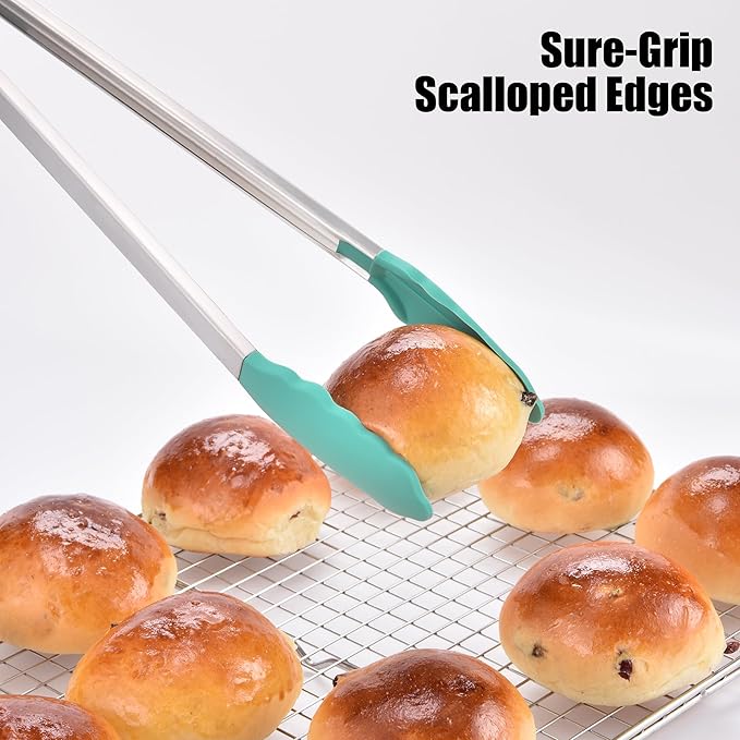 Stainless Steel Kitchen Tongs with Silicone Tips, 17.2 Inch, Aqua Sky