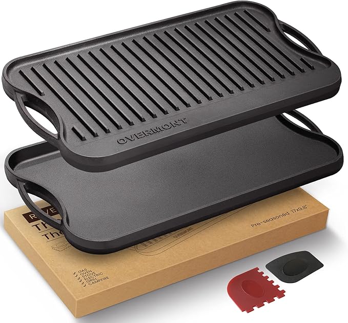 Overmont Pre-seasoned 17x9.8" Cast Iron Reversible Griddle Grill Pan by Overmont