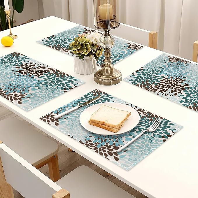 Blue Gray Dahlia Placemats Set of 6, Geometric Flowers Heat Resistant Table - Image 7