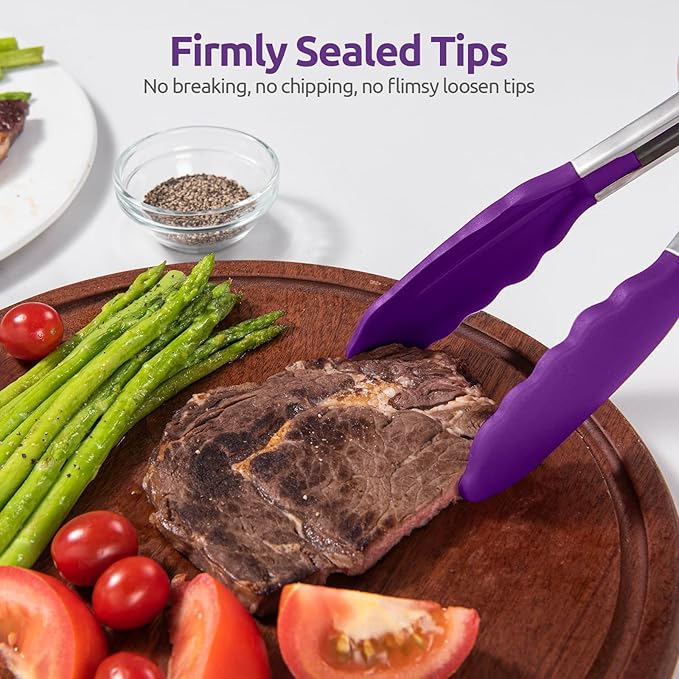 Tongs with Silicone Tips, Locking Stainless Steel, Purple