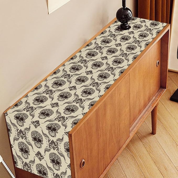 Gothic Table Runner, Retro Antique Damask Skull Pattern Classic Halloween Boho - Image 3