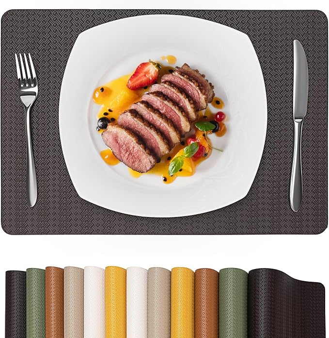 Faux Leather Placemats Set of 6 – 17x12 Inch Vinyl Table Mats, Heat Resistant by PROMATTOO