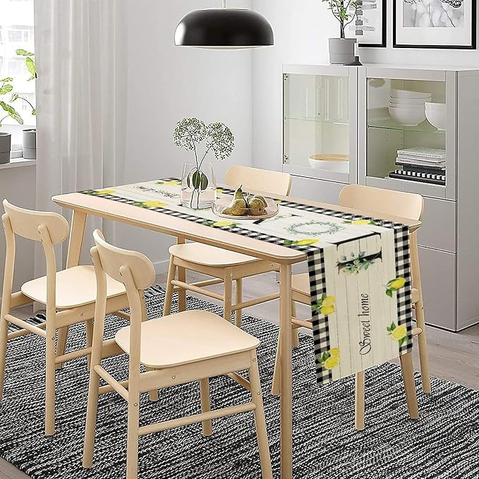 Lemon Fruit Home Table Runner, Vintage Farmhouse Rustic Black White Buffalo - Image 5