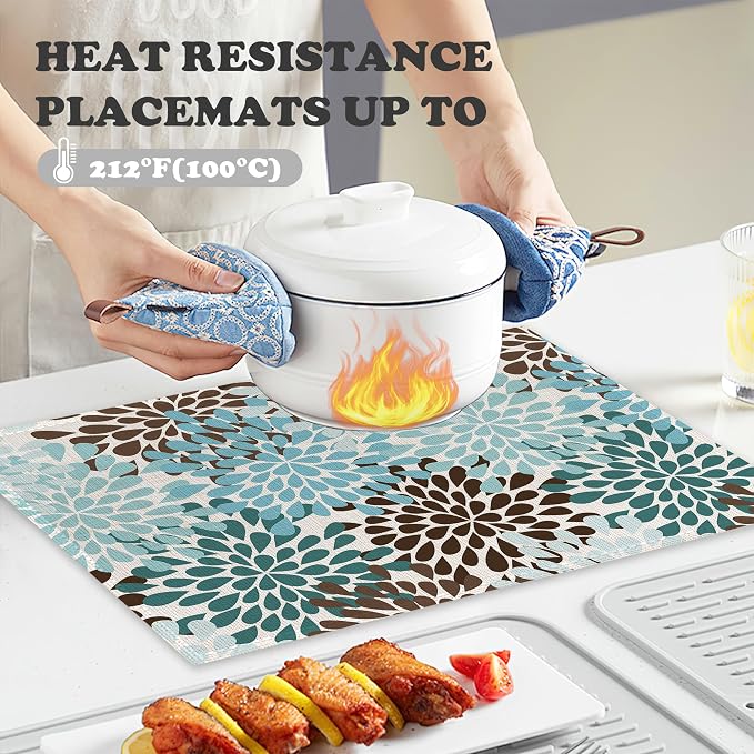 Blue Gray Dahlia Placemats Set of 6, Geometric Flowers Heat Resistant Table - Image 4