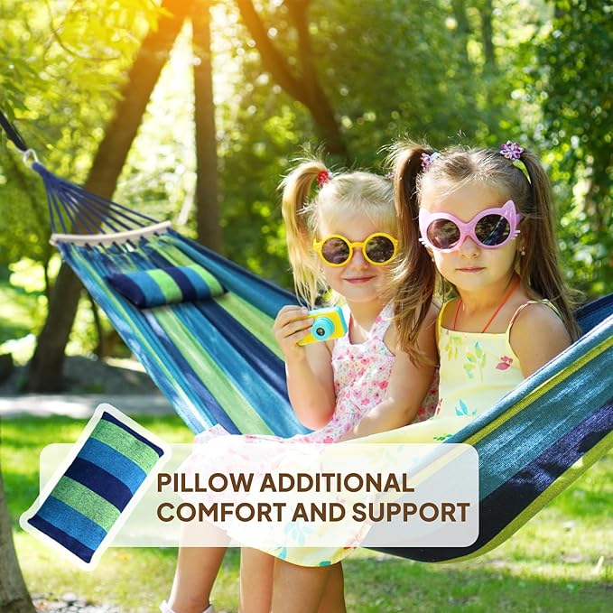 Hammock with Pole, Cotton Camping Hammock in Blue Green Stripes