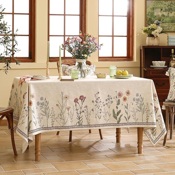 ISAENNE Designer Off White Linen Long Rectangle Tablecloth, Floral Elegant - Image 9