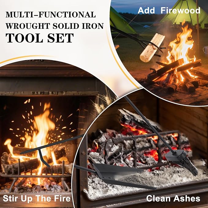 Gtongoko 35 Inch Fireplace Tools Set 5 Pcs Black Wrought Solid Iron Large Fire - Image 6