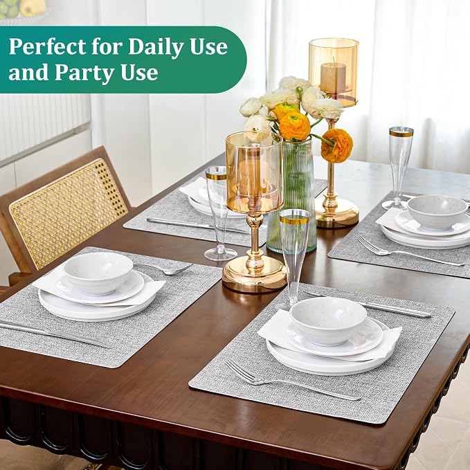 FOCUSLINE Faux Leather Placemats Set of 6, Light Grey Table Place Mats - Image 2