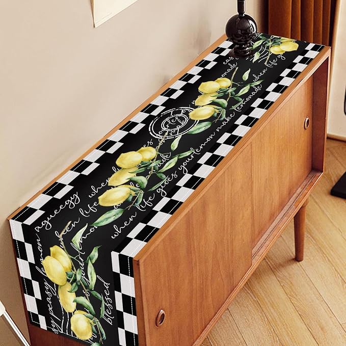 Lemon Table Runner, Farmhouse Black Buffalo Plaid Seasonal Summer Spring Fruits - Image 3